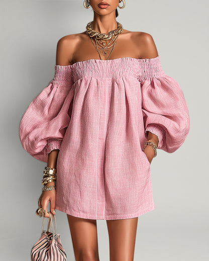 Rosabelle | Mini Vestido A-Line Amplio, Mangas Lantern, Hombros Descubiertos Rosa