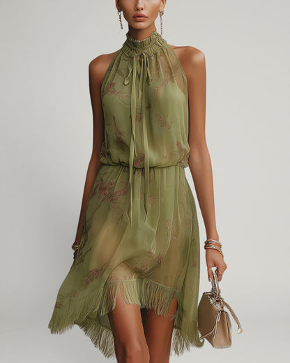Silvia | Mini Vestido de Muselina Floral Verde, Cintura Alta