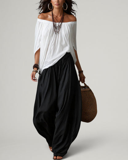 Valentina | Top Blanco Off-the-Shoulder y Conjunto de Pantalón Lantern Ancho