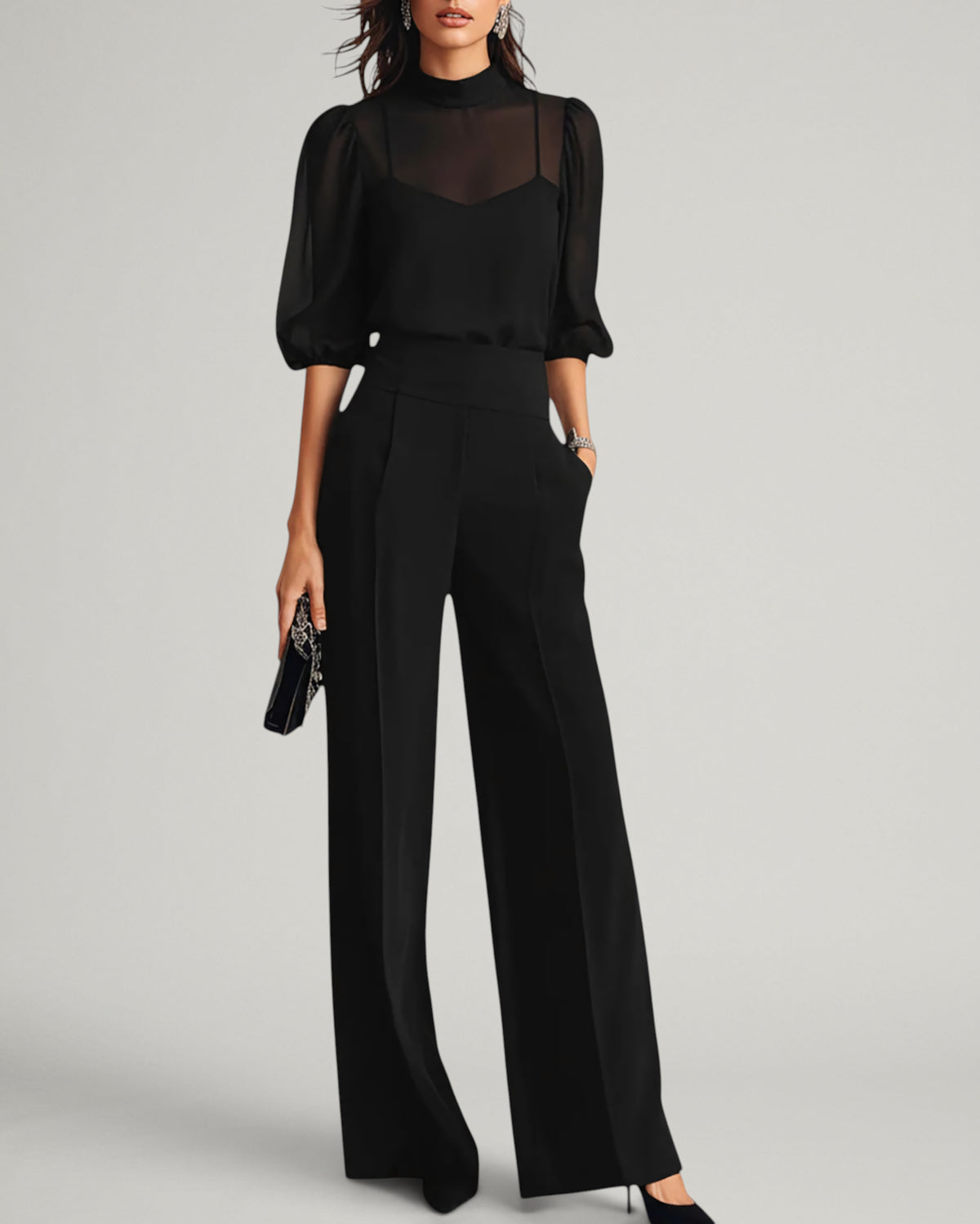 Adela | Top y Pantalón de Pierna Ancha Negros de Chifón Transparente - Conjunto de Tres Piezas