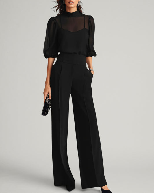 Adela | Top y Pantalón de Pierna Ancha Negros de Chifón Transparente - Conjunto de Tres Piezas