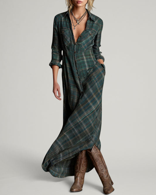 Vestido con solapa de cuadros verdes Paula - Anaïs Milano