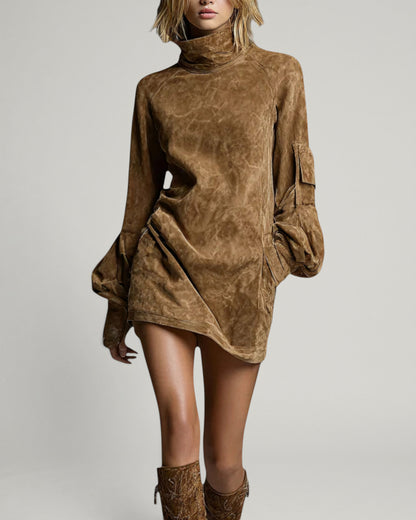 Ruth | Vestido Mini de Ante Vintage con Cuello Alto